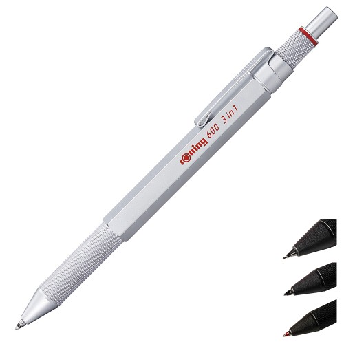 Multipen ROTRING 600 3w1 srebrny 0,5 z widocznymi końcówkami wkładów.