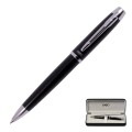 Nowoczesny długopis EXO Aries czarne CT ułożony w eleganckim czarnym etui Premium.