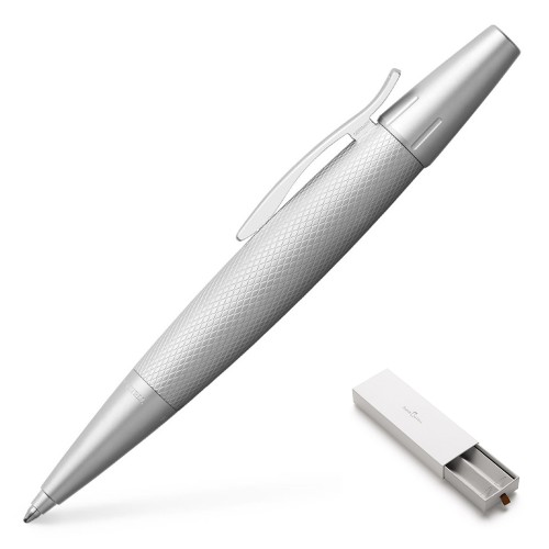 Ekskluzywny długopis Faber-Castell E-Motion Pure Silver wykonany z giloszowanego aluminium z obrotowym mechanizmem.