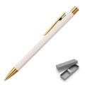 Smukły kremowy długopis Faber-Castell Neo Slim Marshmallow ze złotym klipsem i wykończeniami.