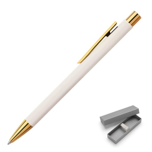 Smukły kremowy długopis Faber-Castell Neo Slim Marshmallow ze złotym klipsem i wykończeniami.