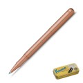 Długopis Kaweco Liliput Copper w dwóch częściach – widoczny smukły korpus z wkładem oraz oddzielna miedziana skuwka.