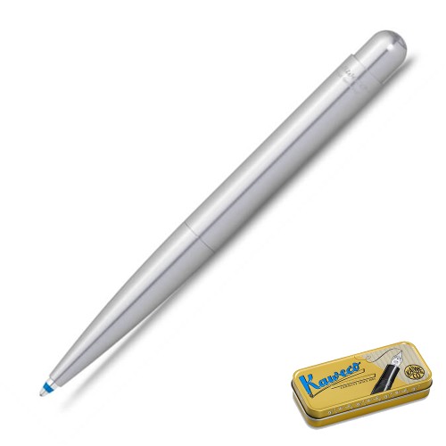 Srebrny aluminiowy długopis Kaweco Liliput z mechanizmem przyciskowym na białym tle.