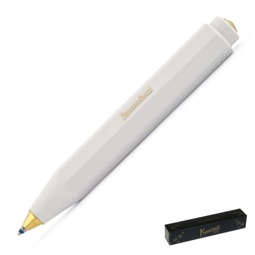 Biały długopis Kaweco Classic Sport White ze złotym logo na przycisku.