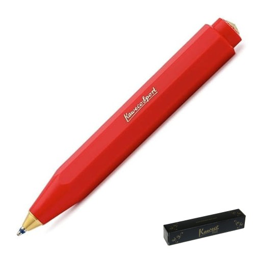 Czerwony długopis Kaweco Classic Sport Red ze złotymi detalami na jasnym tle.