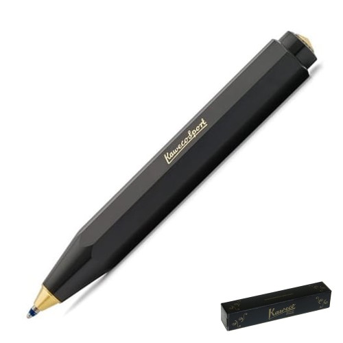 Czarny długopis Kaweco Classic Sport Black ze złotym logo na przycisku.