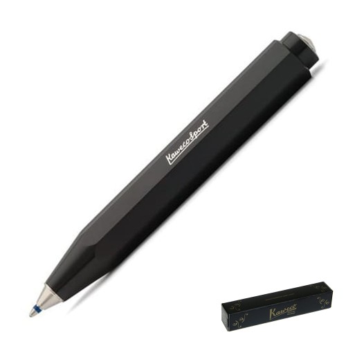 Czarny długopis Kaweco Skyline Sport Black ze srebrnym logo na przycisku.