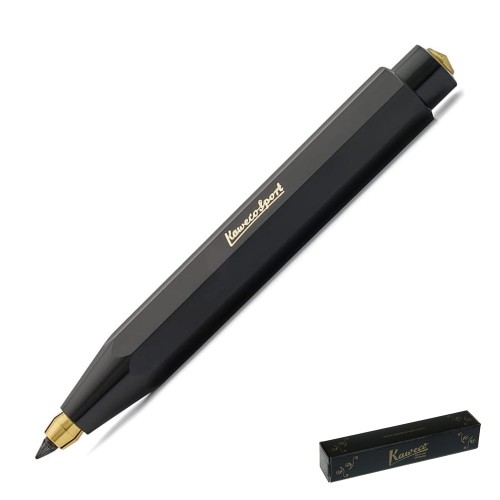 Czarny ośmiokątny ołówek Kaweco Classic Sport Clutch z wkładem 3,2 mm i eleganckim złotym logo na przycisku.