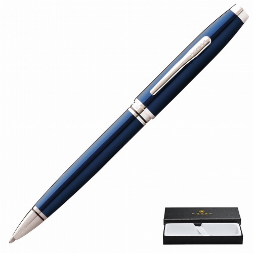 Niebieski długopis Cross Coventry z chromowanymi detalami na tle eleganckiego etui – luksusowe akcesoria piśmiennicze.