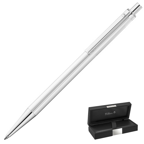 Srebrny długopis Waldmann Eco z litym korpusem próby 925 i giloszowanym wzorem prążków obok eleganckiego czarnego etui Pióroteka.