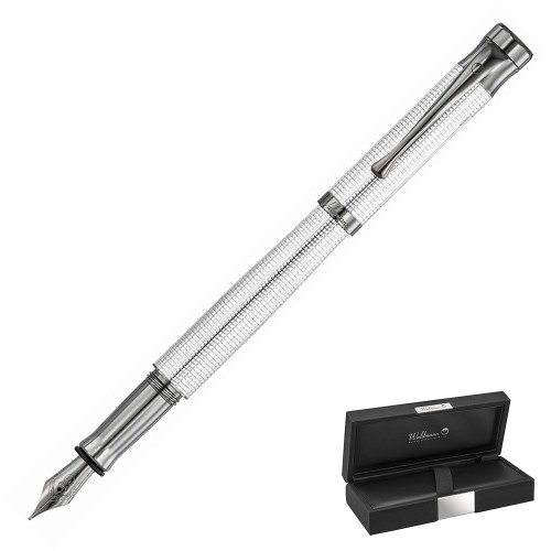 Otwarte pióro wieczne Waldmann Tango 4756 ze srebra 925 z czarnymi detalami PVD obok czarnego etui Pióroteka.