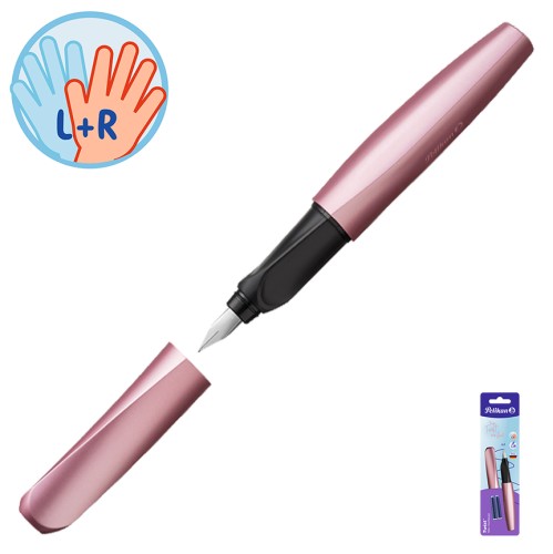 Pióro wieczne Pelikan Twist Girly Rose ze zdjętą skuwką, ukazujące czarny, ergonomiczny uchwyt i stalową stalówkę.