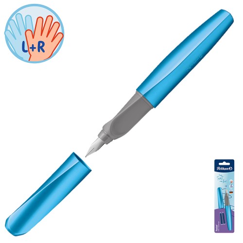 Otwarte pióro Pelikan Twist Frosted Blue ze zdjętą skuwką, widok od góry na stalówkę i szary uchwyt.