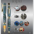 Infografika Pióroteki wyjaśniająca symbole pióra Delta Bajau: klip w kształcie łodzi Lepa, grawer na stalówce oraz motywy z kultury Nomadów Morza.
