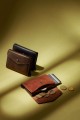 Trzy modele portfela Secrid Envelope z otwartą kieszenią na monety euro oraz wysuniętymi kartami płatniczymi na oliwkowym tle