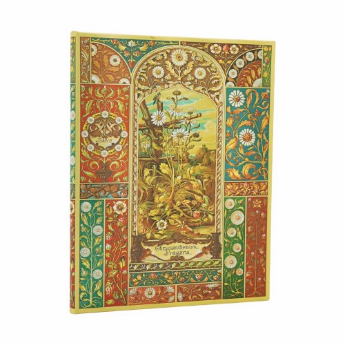 Przednia okladka notesu Paperblanks Viennese Fruit Ultra w linie z secesyjnym motywem bialych kwiatow i napisem Chrysanthemum Fragaria na dole.