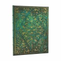 Przednia okladka notesu Paperblanks Emerald Flower Ultra w linie z bogatymi zloconymi tloczeniami florystycznymi na glebokim szmaragdowozielonym tle.