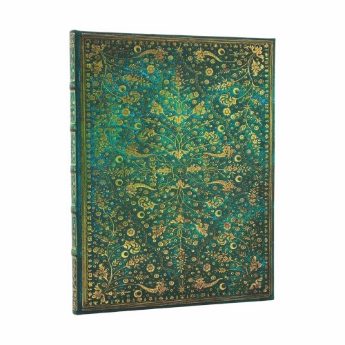 Przednia okladka notesu Paperblanks Emerald Flower Ultra w linie z bogatymi zloconymi tloczeniami florystycznymi na glebokim szmaragdowozielonym tle.