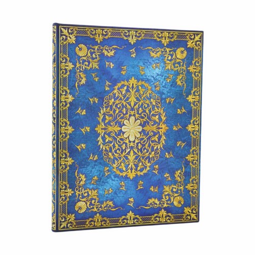 Przednia okladka notesu Paperblanks Silk Sky Ultra w linie z bogatymi zloconymi tloczeniami na tle nasyconego krolewskiego blekitu.