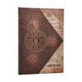 Przednia okladka notesu Paperblanks Wicked The Grimmerie Midi w linie imitujaca starozytna skórzana ksiege z metalowym medalionem i pergaminem.