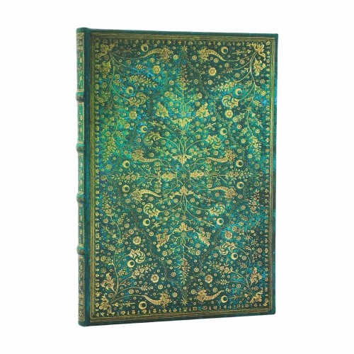 Przednia okladka notesu Paperblanks Emerald Flower w formacie Midi ze zloconymi florystycznymi tloczeniami na szmaragdowym tle.