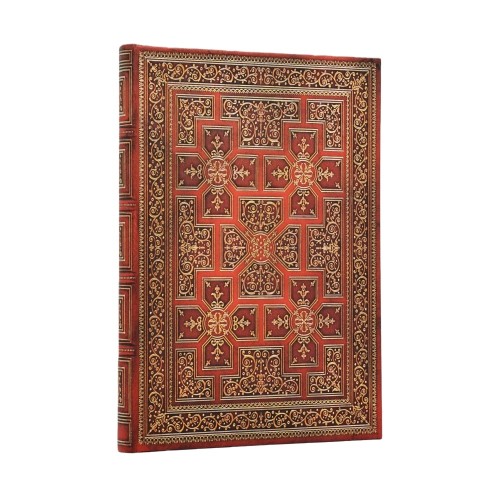Przednia okladka notesu Paperblanks War of the Roses Midi w linie z bogatymi zloconymi tloczeniami na gleybokim czerwonym tle.