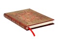 Notes Paperblanks War of the Roses lezacy pod katem prezentujacy ozdobny grzbiet z czerwona satynowa zakladka i krawedziami stron.