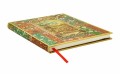 Notes Paperblanks Viennese Fruit lezacy pod katem prezentujacy kolorowy florystyczny grzbiet i czerwona satynowa wstazke zakladkowa.