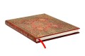 Notes Paperblanks War of the Roses lezacy pod katem prezentujacy ozdobny grzbiet i czerwona satynowa wstazke zakladkowa.