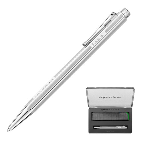 Elegancki zestaw prezentowy Caran d'Ache Ecridor Paul Smith Edycja 5 z długopisem i skórzanym etui w metalowym pudełku.