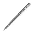 Długopis Waterman Impression Stainless Steel CT ze szczotkowanej stali nierdzewnej z chromowanym wykończeniem, widok na korpus, skuwkę i dzielony klip.