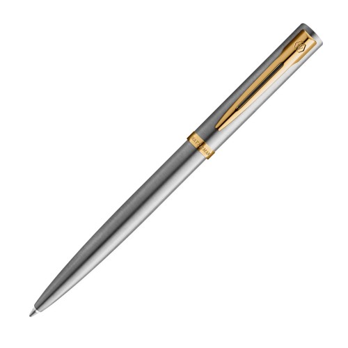 Długopis Waterman Impression Stainless Steel GT ze szczotkowanej stali nierdzewnej ze złotym wykończeniem, widok na korpus, skuwkę i dzielony klip.